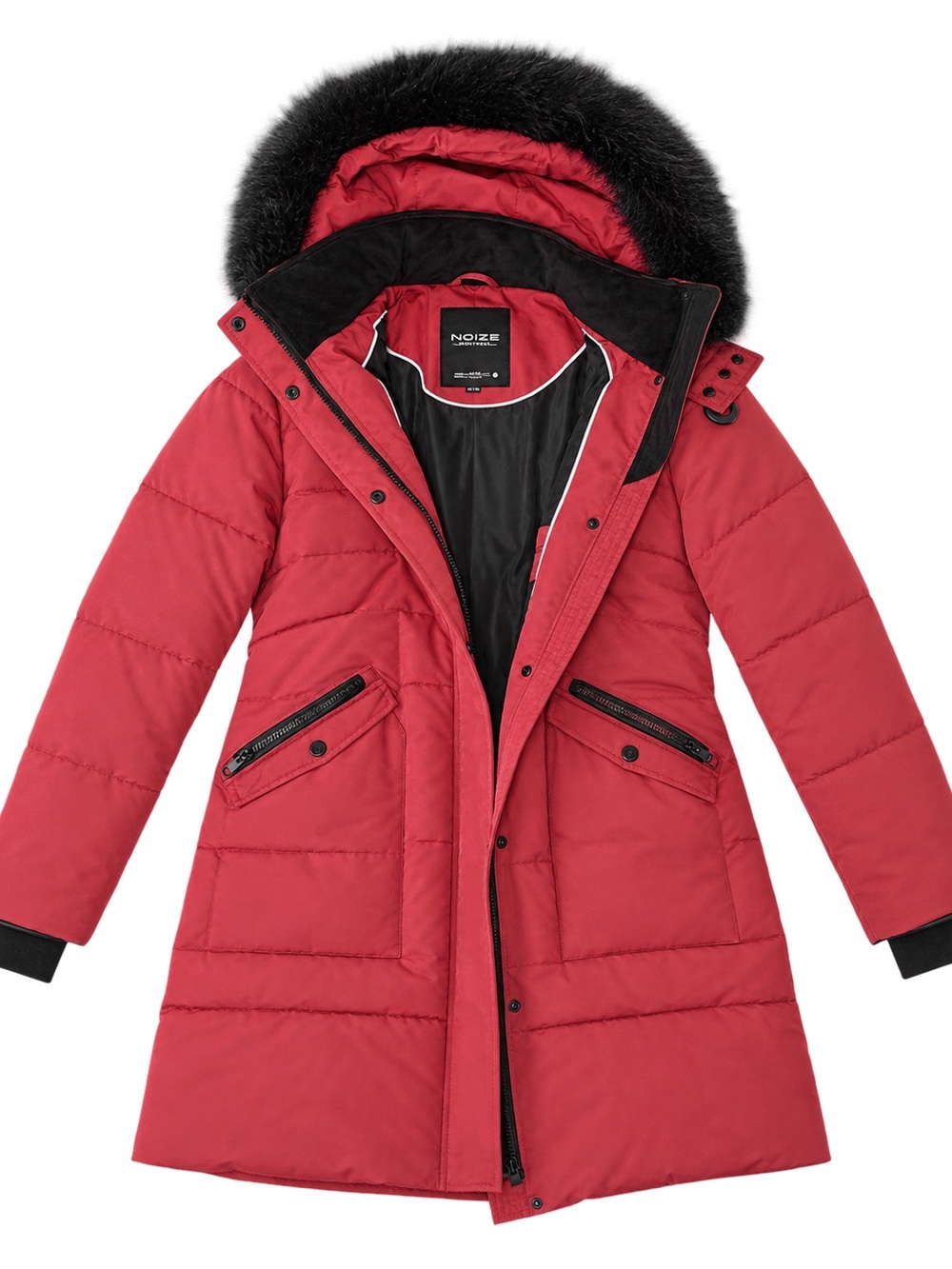 Noize Red Hooded Quilted Puffer Coat with Faux Fur Trim